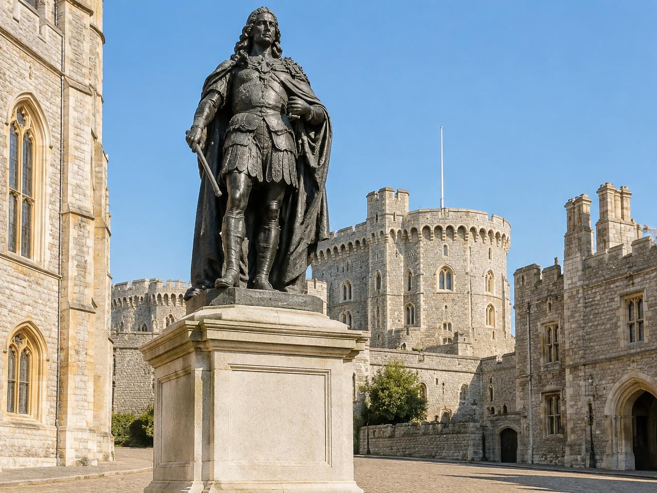 The bronze statue of Charles II in armour on a stone pedestal in the Upper Ward