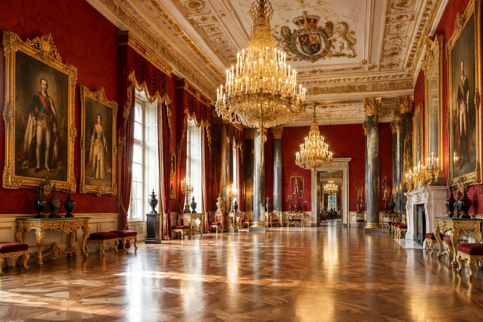A crimson and gold ceremonial reception room with chandeliers and marble columns