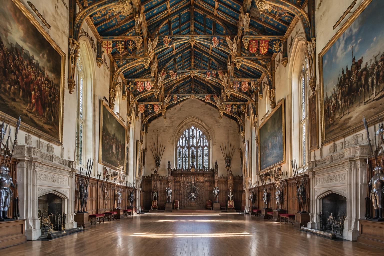 A great hall with a painted timber hammerbeam roof, armour and battle paintings