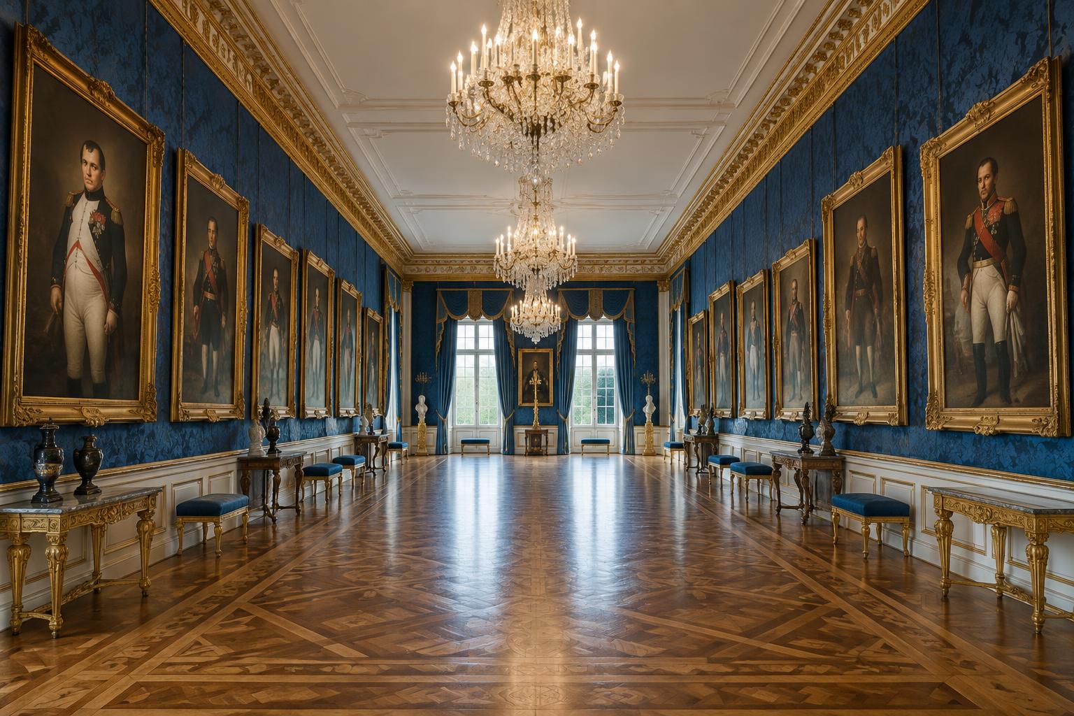 A long blue gallery hung with large gilt-framed portraits